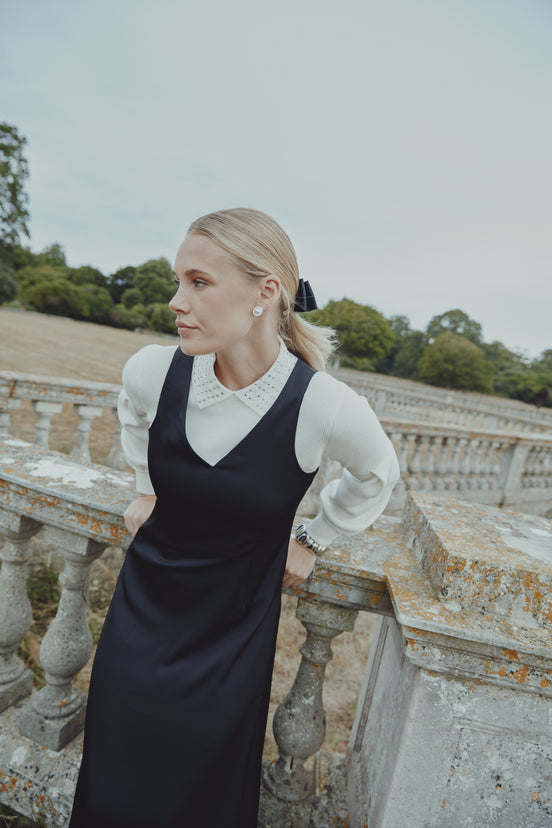 Rhinestone Polo Collar Colour Block Sweater with Full Sleeve