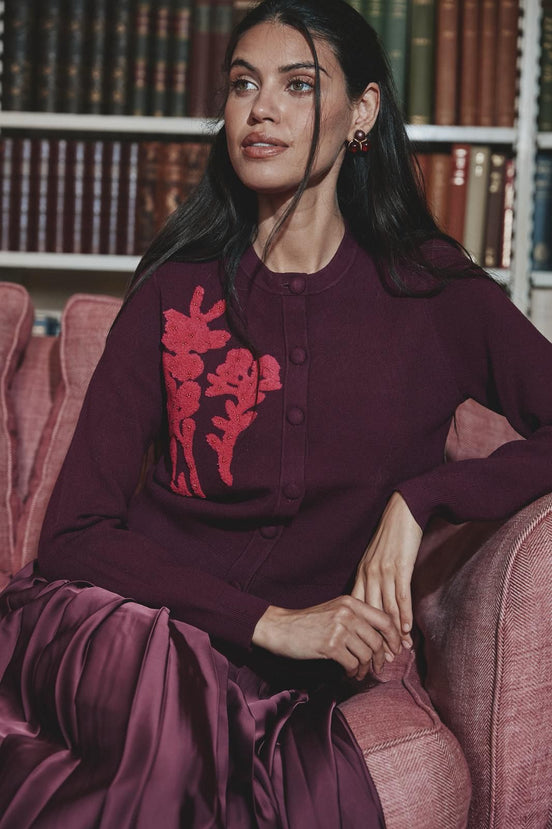 Button Down Sweater with Coral Terry Side Flower Detail