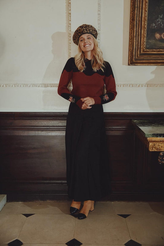 Colour Block Collar Top with Embroidery Flowers