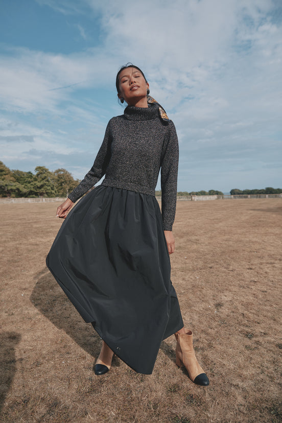 Roll Midi Neck Dress with Full Taffeta Skirt