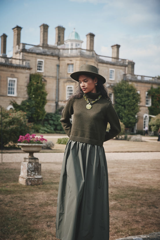 Roll Midi Neck Dress with Full Taffeta Skirt