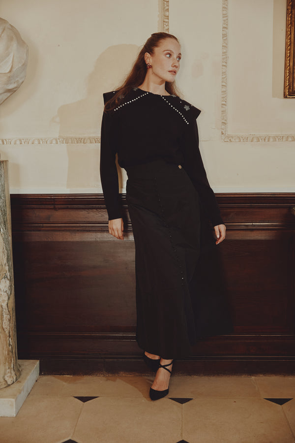 Pullover Top with Wide Embellished Collar