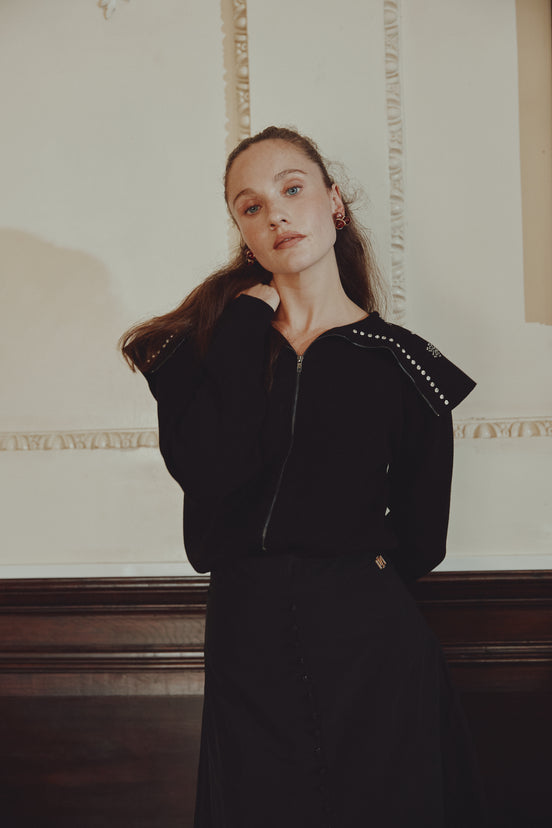 Zip Up Top with Wide Embellished Collar