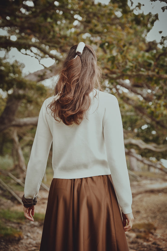 Knit Top with Crochet Flower and Tonal Neck Band Insert