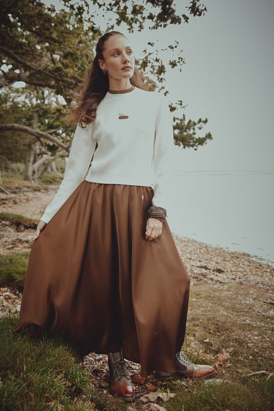 Knit Top with Crochet Flower and Tonal Neck Band Insert