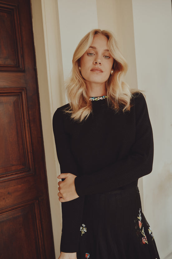 Pastel Stone Embellished Round Neck Knit Top