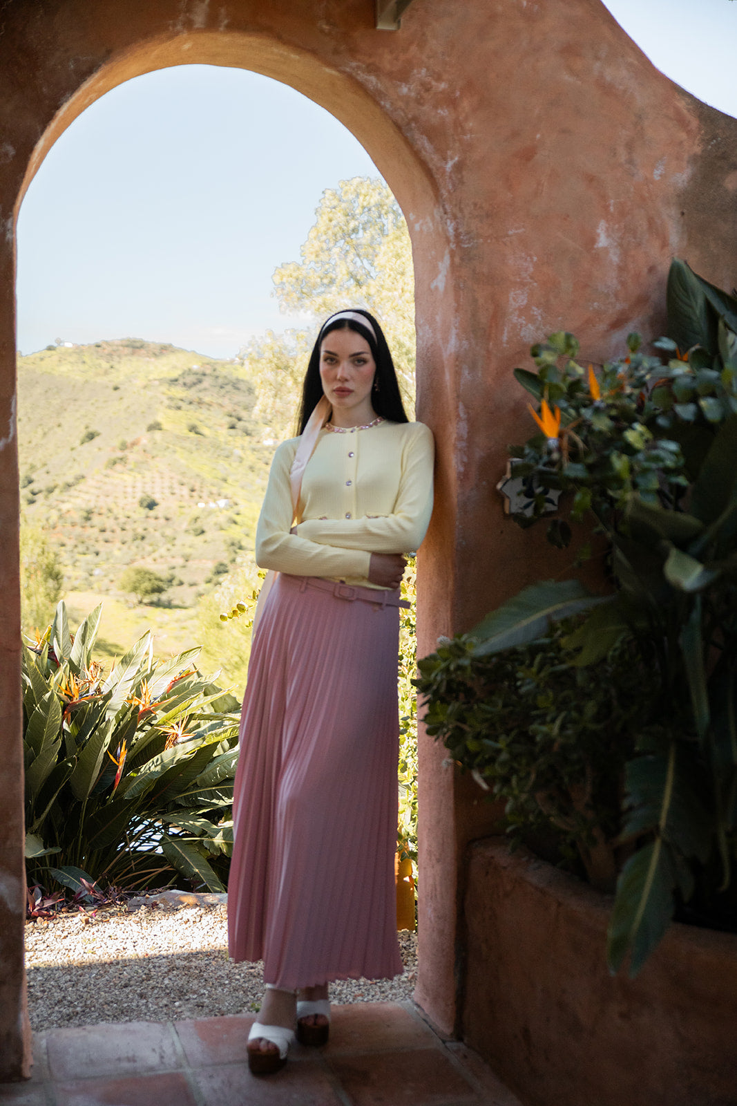 Fine Pleat Belted Maxi Skirt