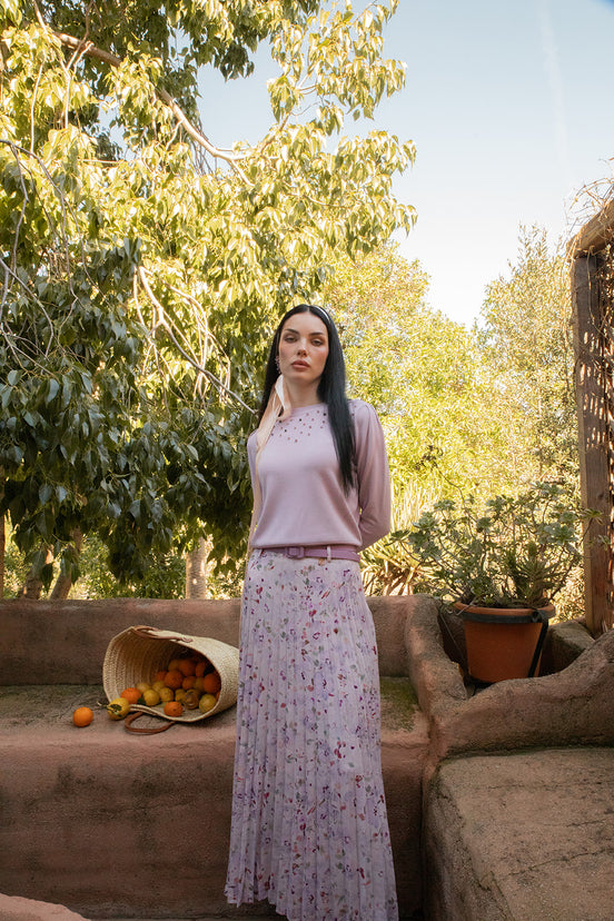 Fine Pleat Belted Printed Maxi Skirt