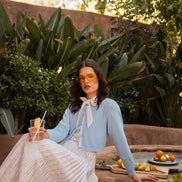 Bow Print Satin Pleat Dress with Neck Tie