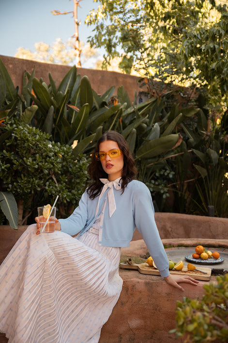 Bow Print Satin Pleat Dress with Neck Tie