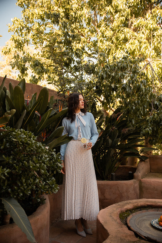 Bow Print Satin Pleat Dress with Neck Tie