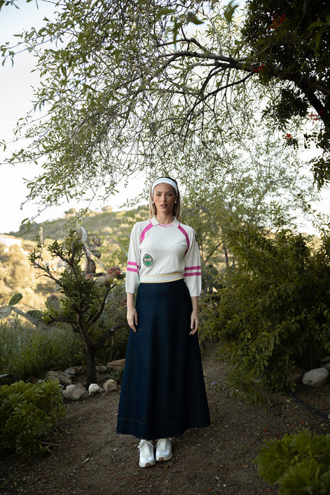 Polo Collar Top with Striping Details and Badge Motifs