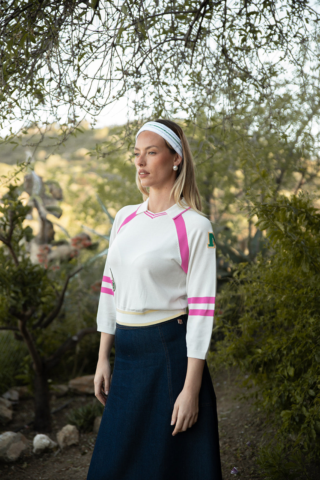 Polo Collar Top with Striping Details and Badge Motifs