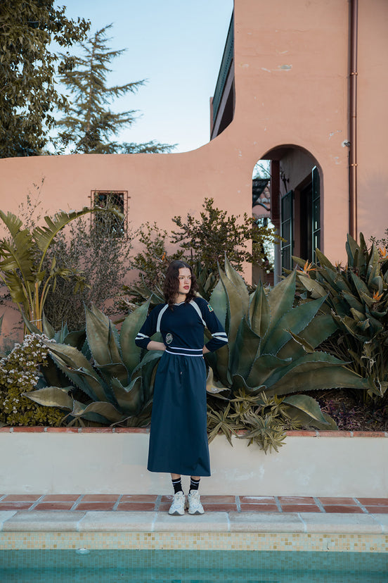 Pleated Maxi Skirt with Striped Waistband