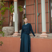 Double Breasted Fine Rib Cardigan With Ruffled Shirt Collar