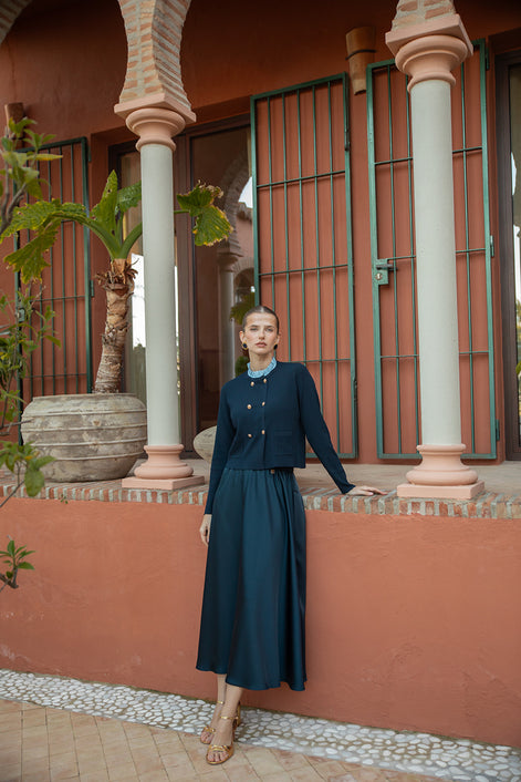 Double Breasted Fine Rib Cardigan With Ruffled Shirt Collar