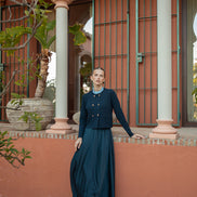 Double Breasted Fine Rib Cardigan With Ruffled Shirt Collar