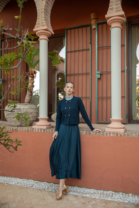 Double Breasted Fine Rib Cardigan With Ruffled Shirt Collar