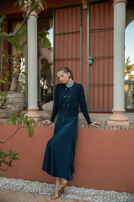 Double Breasted Fine Rib Cardigan With Ruffled Shirt Collar