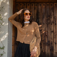 Double Breasted Fine Rib Cardigan With Ruffled Shirt Collar