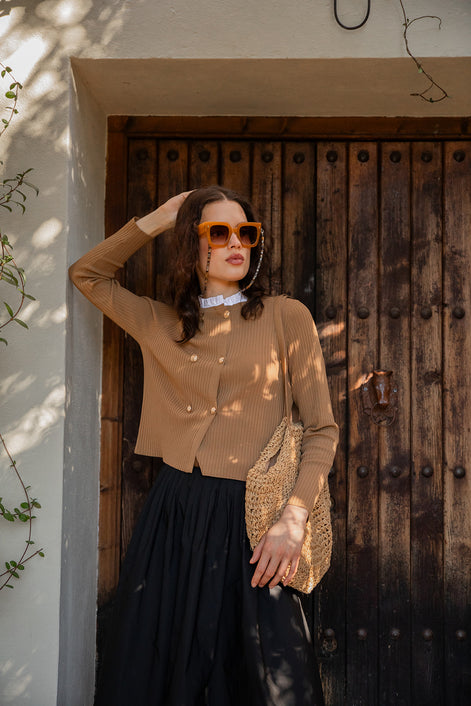 Double Breasted Fine Rib Cardigan With Ruffled Shirt Collar