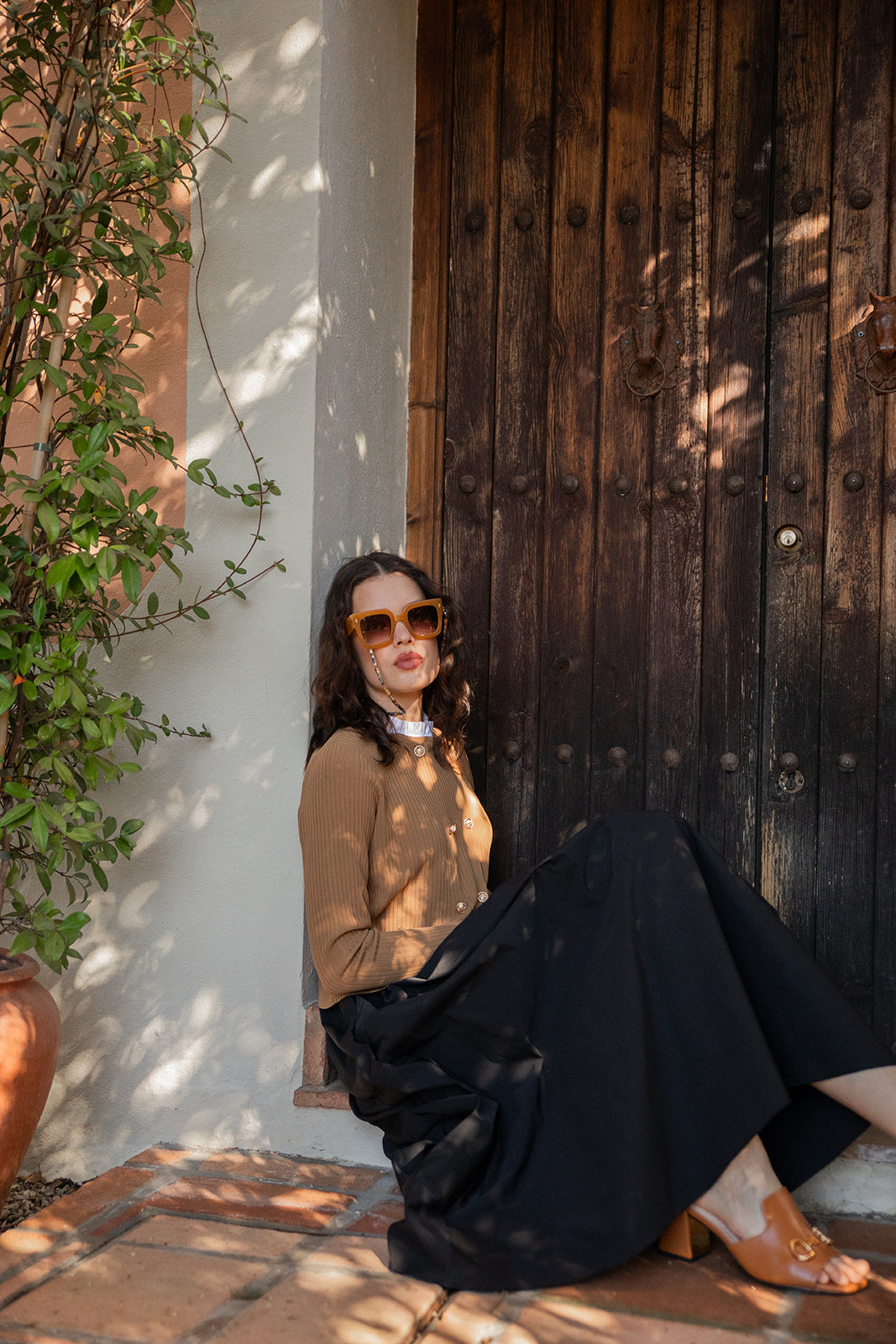 Double Breasted Fine Rib Cardigan With Ruffled Shirt Collar