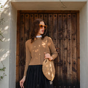 Double Breasted Fine Rib Cardigan With Ruffled Shirt Collar