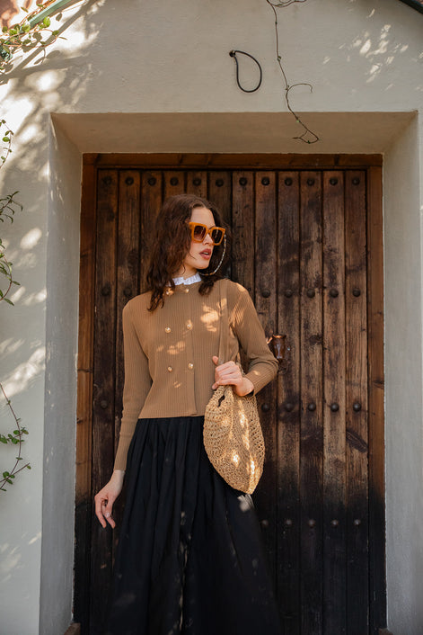 Double Breasted Fine Rib Cardigan With Ruffled Shirt Collar