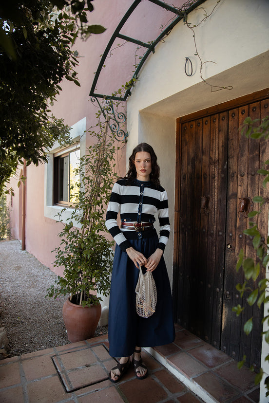 Wide Stripe Top & Full Skirt Dress with Raw Denim Finishes