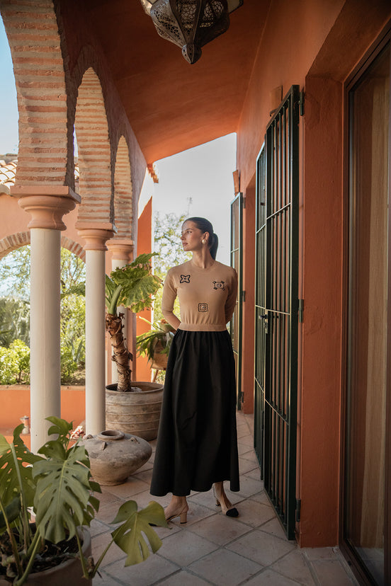 Knit Top with Embroidery Motif Full Skirt Dress