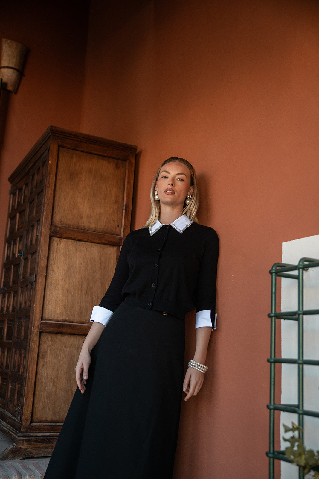 Button Down Top with Pearl-Trimmed Cotton Colour