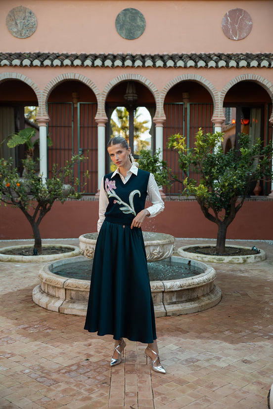 V-Neck Vest Top With Front Beaded Flower