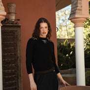Fine Pointelle Knit Top with Neck Bow Appliques