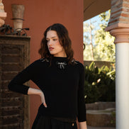 Fine Pointelle Knit Top with Neck Bow Appliques