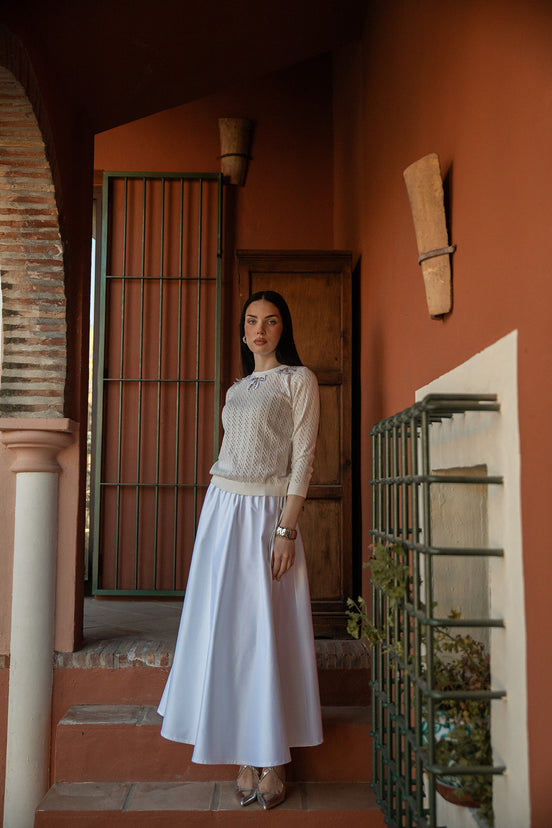 Fine Pointelle Knit Top with Neck Bow Appliques