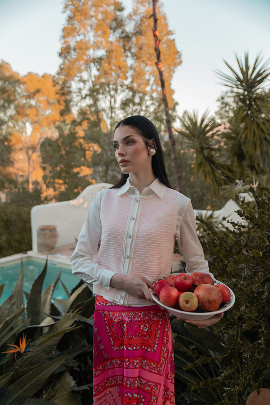 Patch Print Satin Aline Skirt with Wide Waist Yoke