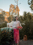 Patch Print Satin Aline Skirt with Wide Waist Yoke