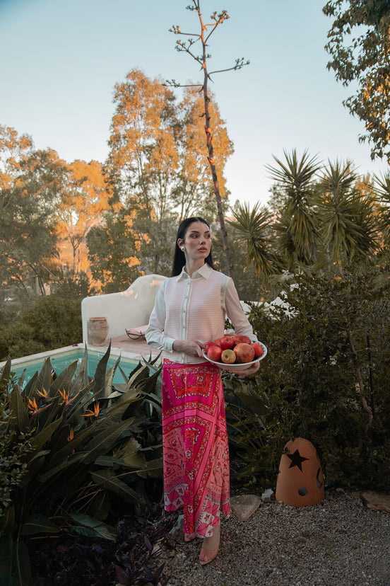 Patch Print Satin Aline Skirt with Wide Waist Yoke