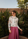 Pointelle Knit Top with Printed Flower Clusters and Embroidered Detachable Collar