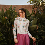 Pointelle Knit Top with Printed Flower Clusters and Embroidered Detachable Collar