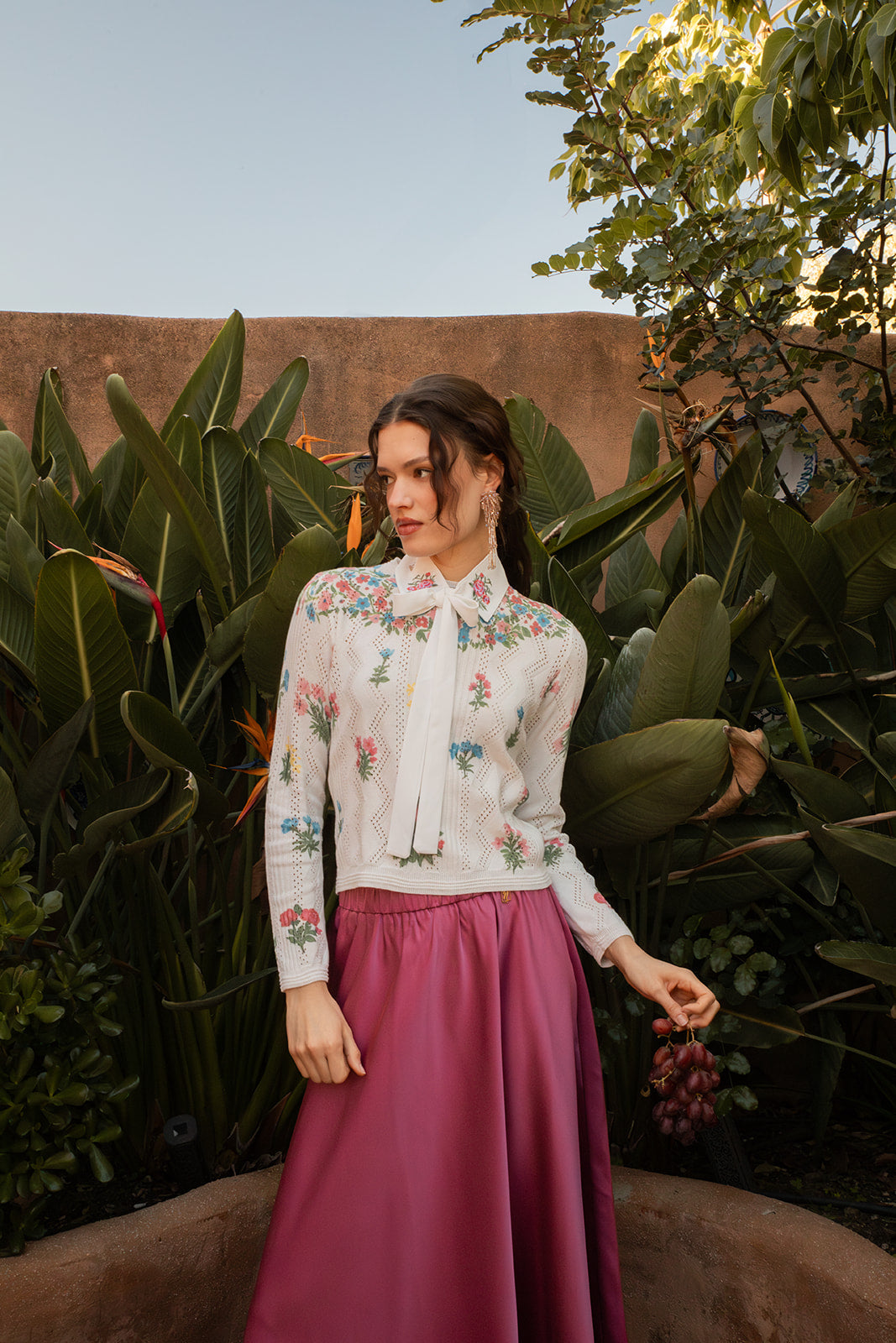 Pointelle Knit Top with Printed Flower Clusters and Embroidered Detachable Collar