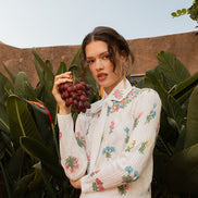 Pointelle Knit Top with Printed Flower Clusters and Embroidered Detachable Collar