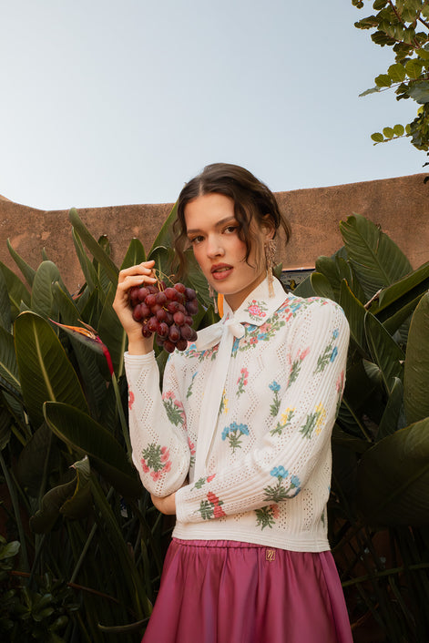 Pointelle Knit Top with Printed Flower Clusters and Embroidered Detachable Collar