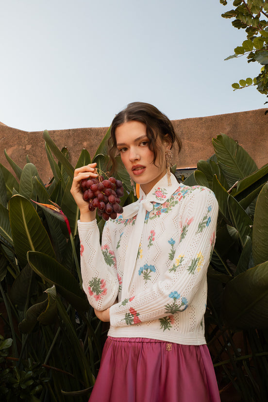 Pointelle Knit Top with Printed Flower Clusters and Embroidered Detachable Collar