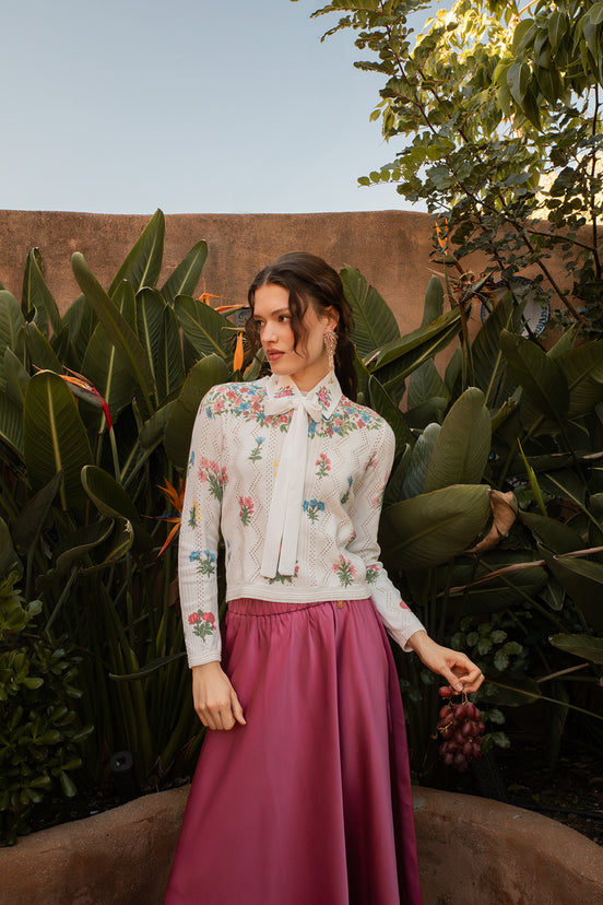 Pointelle Knit Top with Printed Flower Clusters and Embroidered Detachable Collar