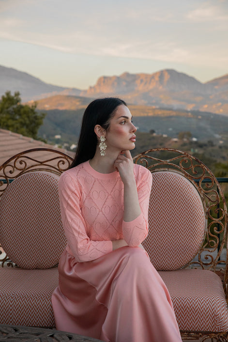 Round Pointelle Knit Top with Beaded Embellishment