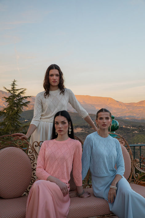 Round Pointelle Knit Top with Beaded Embellishment