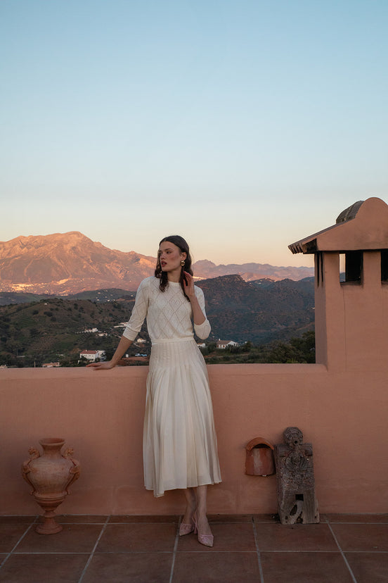 Round Pointelle Knit Top with Beaded Embellishment