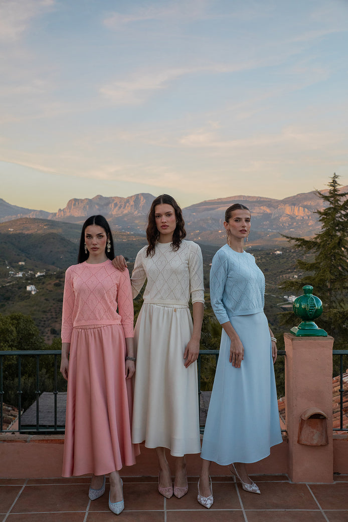 Round Pointelle Knit Top with Beaded Embellishment