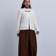 Cable Knit Snap Front Bomber Jacket with Contrast Leather Closure